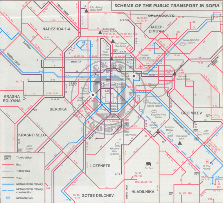 Mapa transportes públicos de Sófia, Bulgária